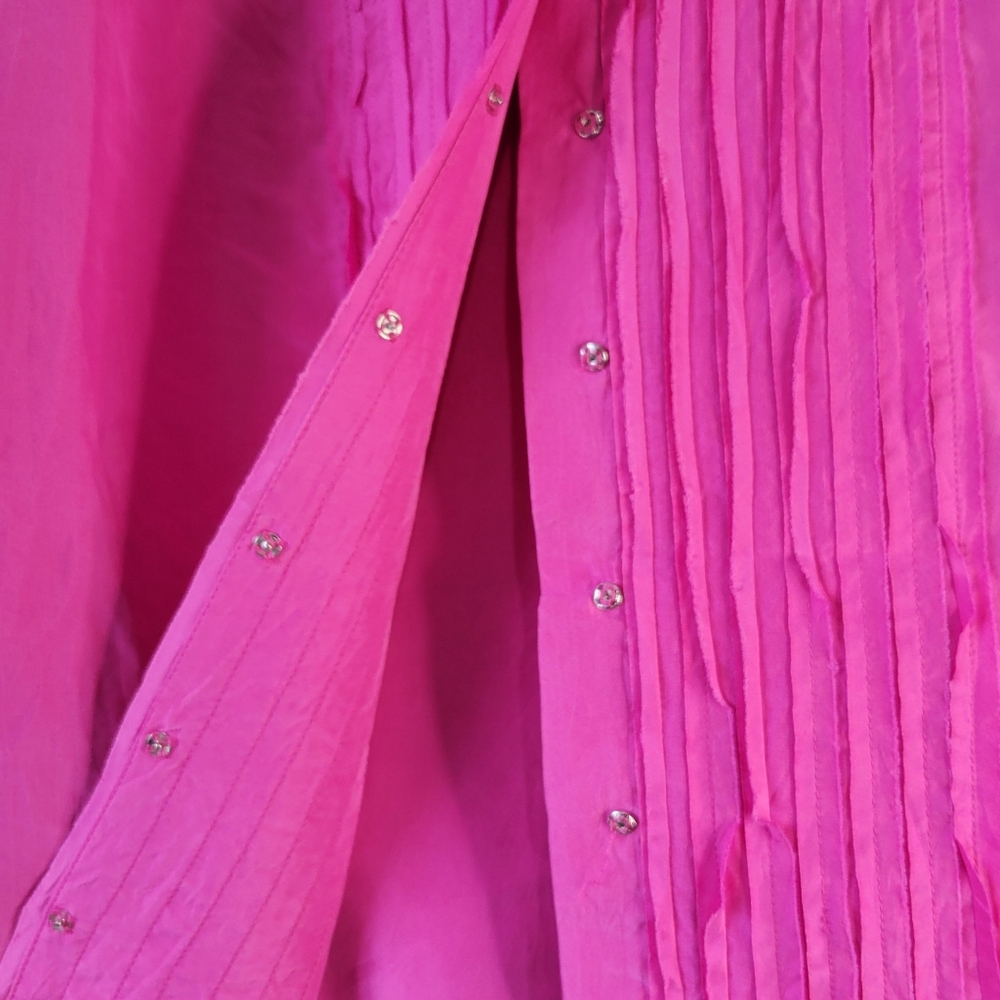 J Jill Sz PL Pink 100% Silk Pintucked Pleated Ruffles Blouse Top V Neck - Picture 4 of 12